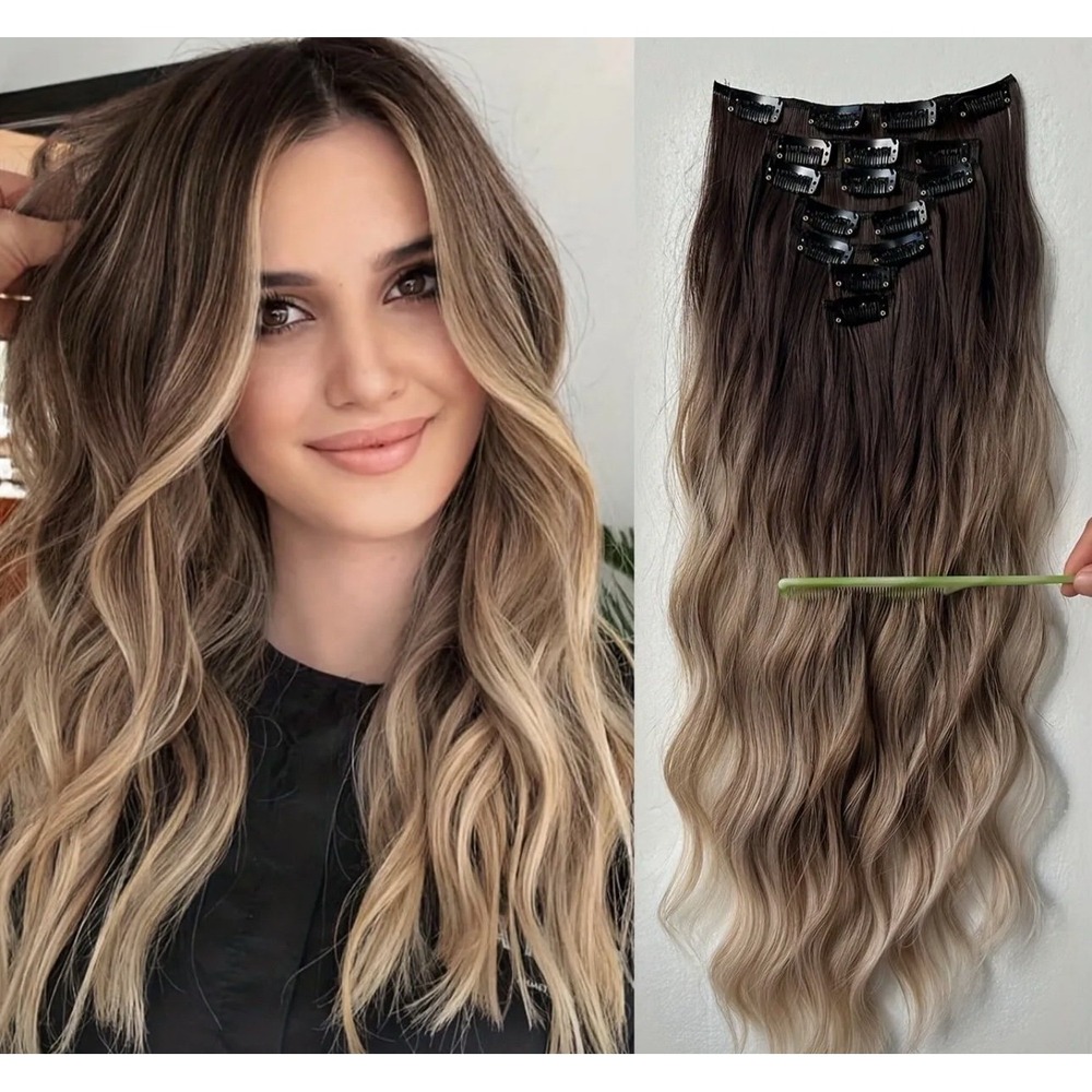 Ombre Hair Extensions 24 Inch Synthetic Heat Resistant Wavy Brown Blonde NEW
